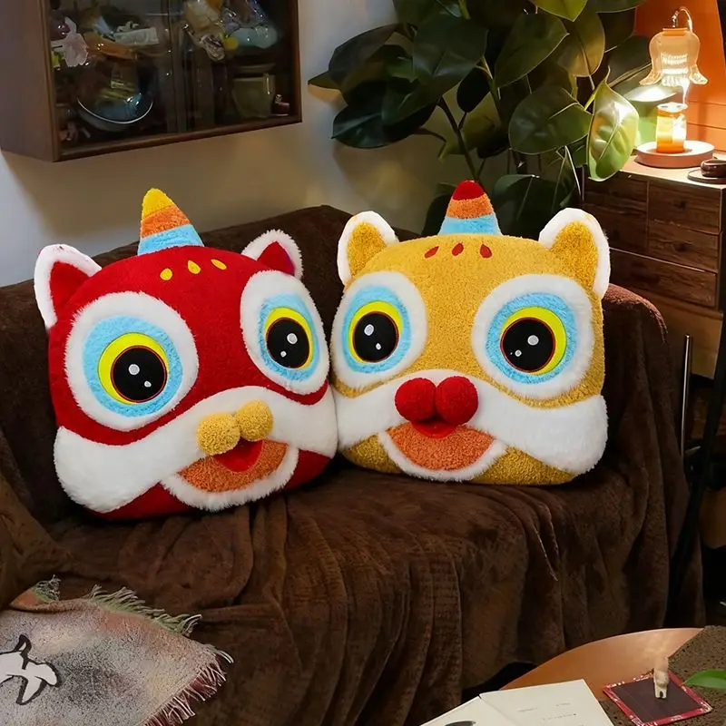 Chinese Traditional Lion Dance Mahjong Plush Pillow Squishy Stuffed Animal Lucky Cushion for Home Decor New Year Festival Gift