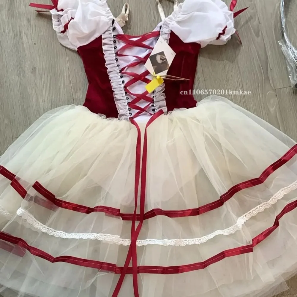 Adults Women Long Ballerina Dress Kids Child Giselle Performance Swan Dance Costume Red Romantic Tutu Ballet Skirt Clothes