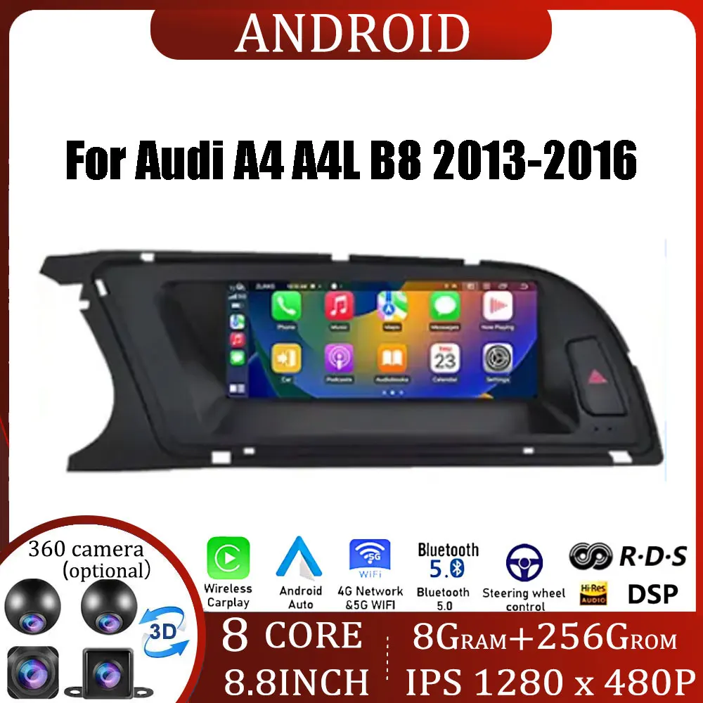 8.8 Inch Android OS Touch Screen Car Accessories Carplay Monitors Multimedia Audio Radio Player For Audi A4 A4L B8 2013-2016