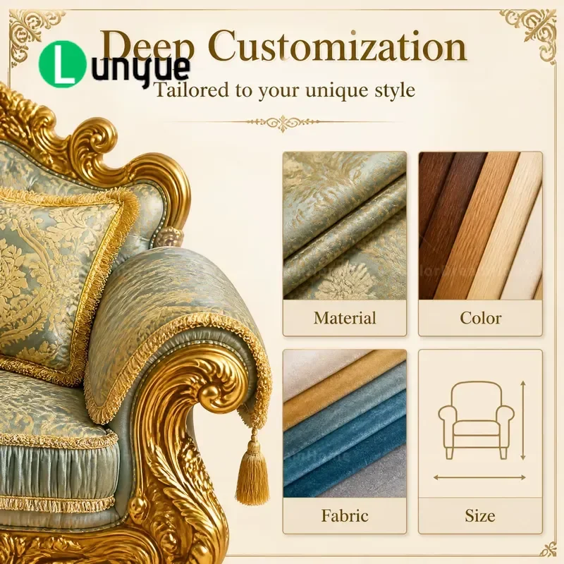 Baroque Luxury Solid Wood Living Room Sofa Set 7 Seats Gold Engraved Furniture for Large Villa Home Decor Elegant Comfortable
