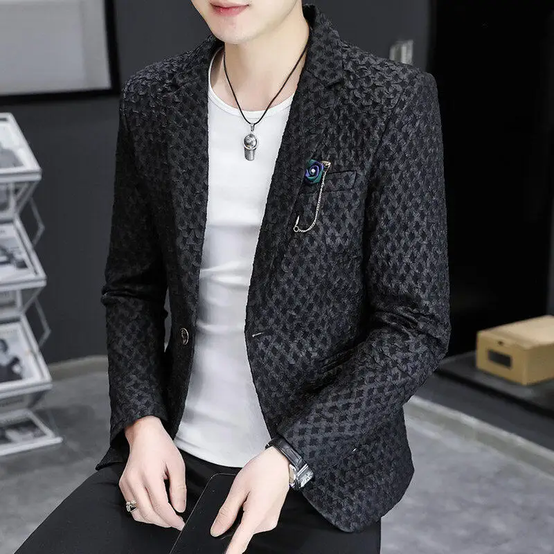 

Мужской приталенный костюм в корейском стиле, модный повседневный пиджак на весну-осень, однобортный, с длинным рукавом, городской стиль