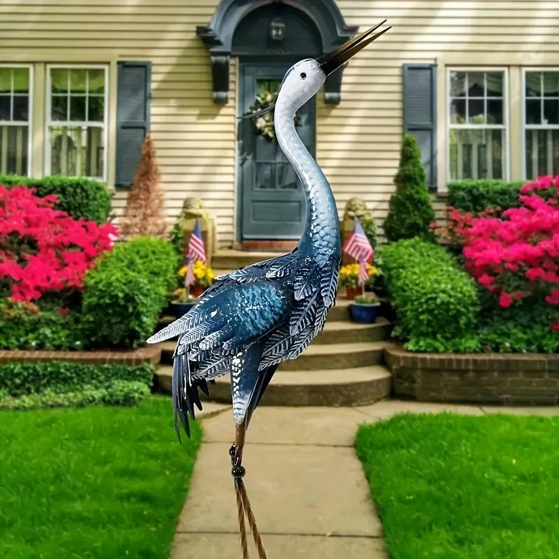 Blue Metal Crane Garden Statue, Rustic Heron Sculpture For Outdoor Decor, Standing Sculpture For Yard, Patio, Lawn, and Backyard