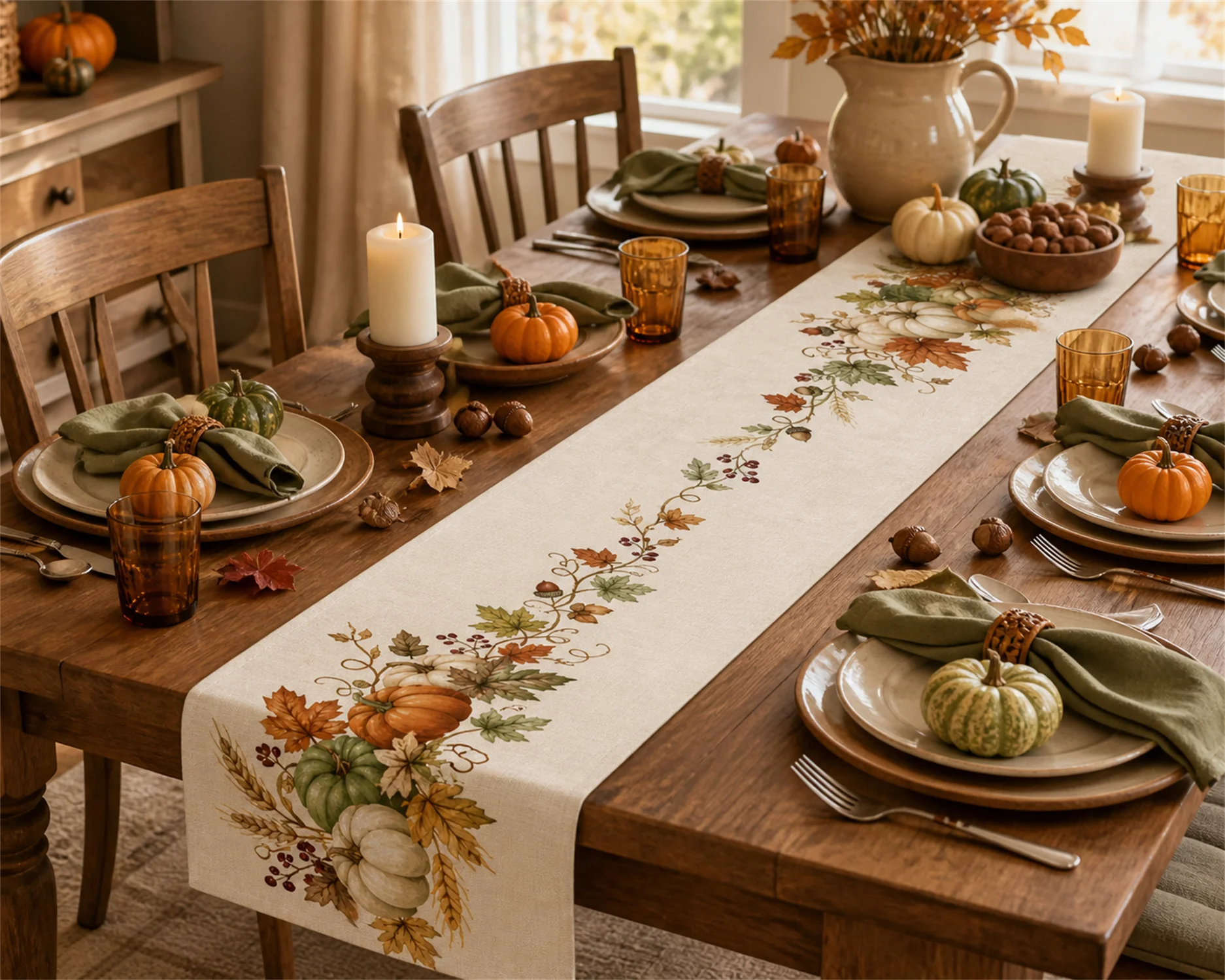 Autumn Pumpkin Table Runner Harvest Maple Leaf Vine Print Farmhouse Dining Table Decor Thanksgiving Fall Home Decoration