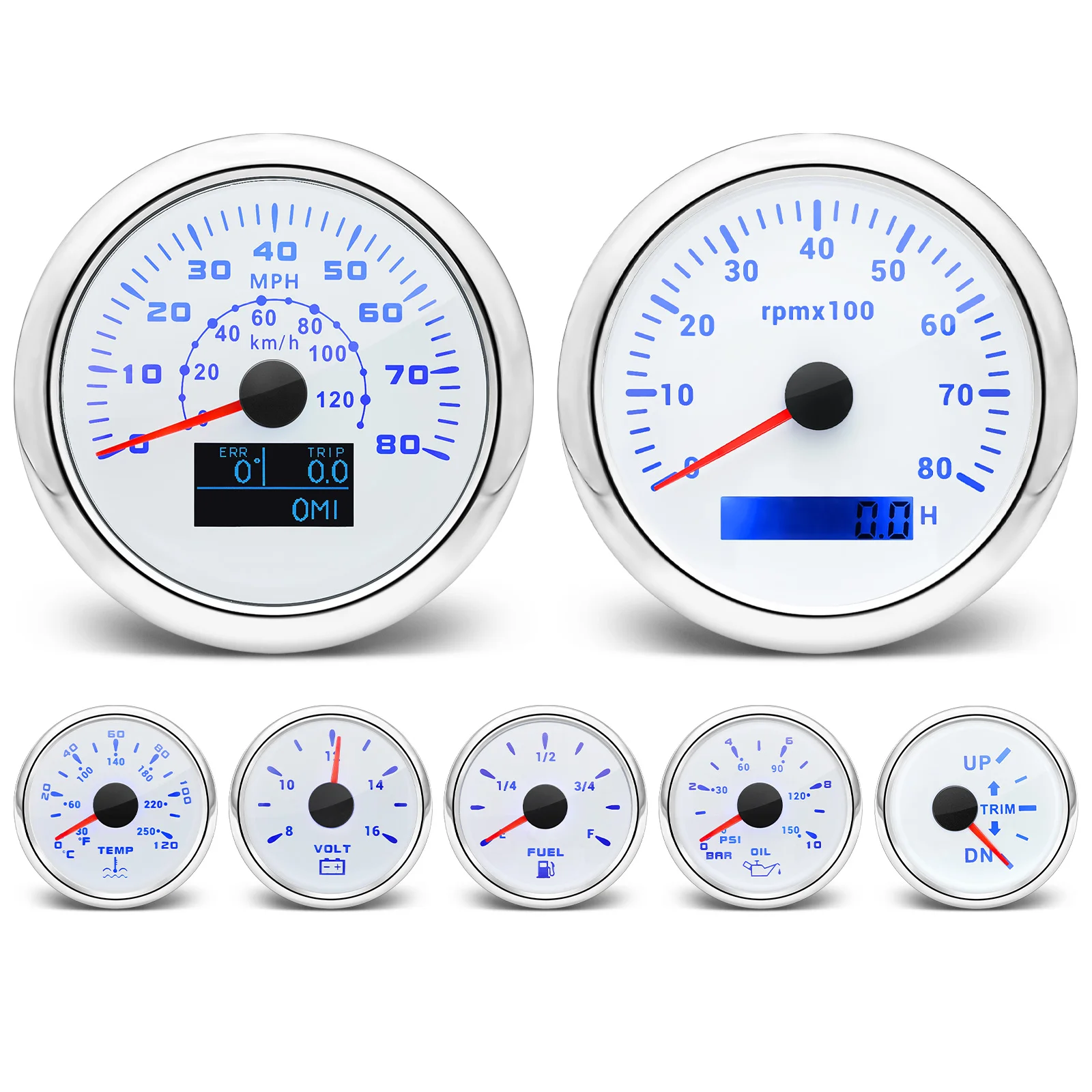 Customiz 7 Gauge Set+Fuel Float Sender GPS Speedometer 80MPH 8K RPM Tacho Water Temp Oil Press Fuel Voltmeter Gauge for Boat Car