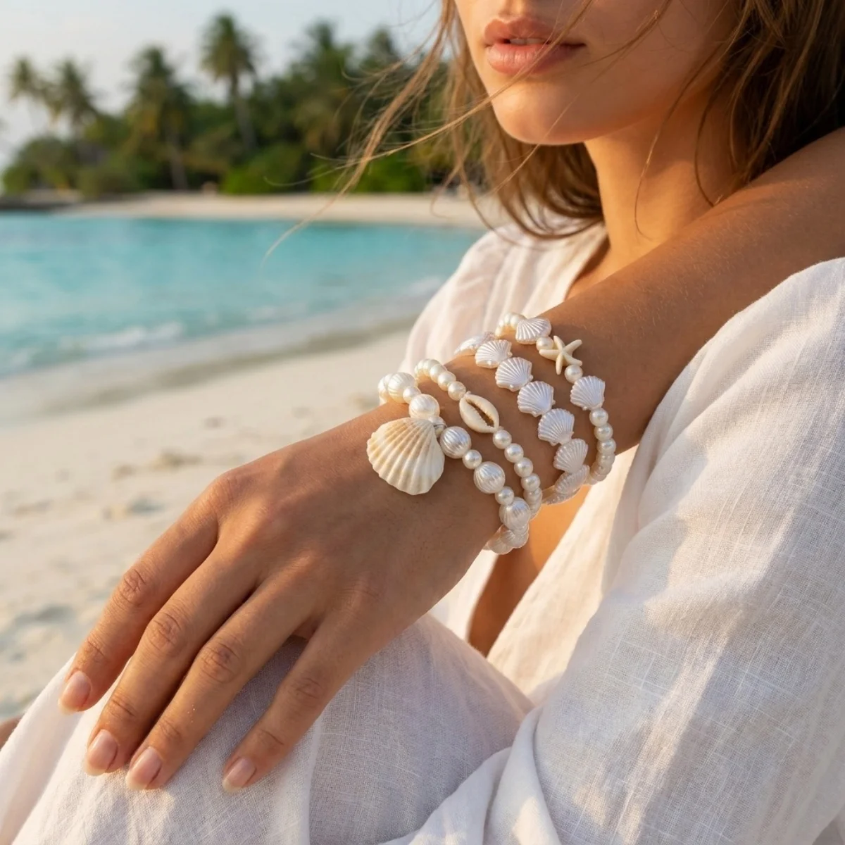Mehrlagige Sommer-Armbänder aus Kunstharz mit Seesternen, Muscheln und simulierten Perlen für Damen und Herren, stapelbare Armbänder im Ozean-Stil. – Detail 4
