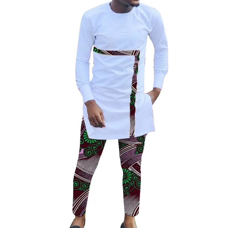 

Men's Patchwork Shirt White Long Sleeve Tops+Dashiki Trousers Custom Pant Suits African Print Party Wear