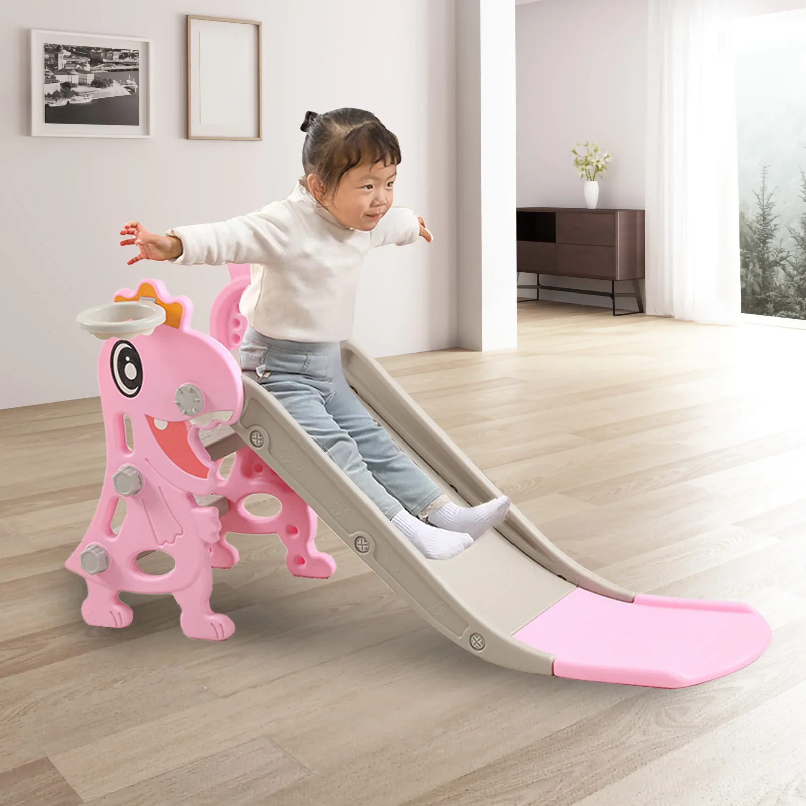 Toddler Indoor Slide for Age 1 To 8 Years Old Dinosaur Shape Non Slip Stairs Kids Slide with Basketball Hoop Climber