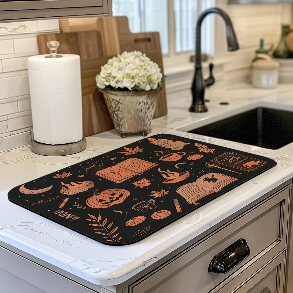 1pc Drying Mat Fire Pumpkin Maple Halloween Non-Slip Absorbent Mat Tableware Kitchen Counter Drain Mats Placemats for Table