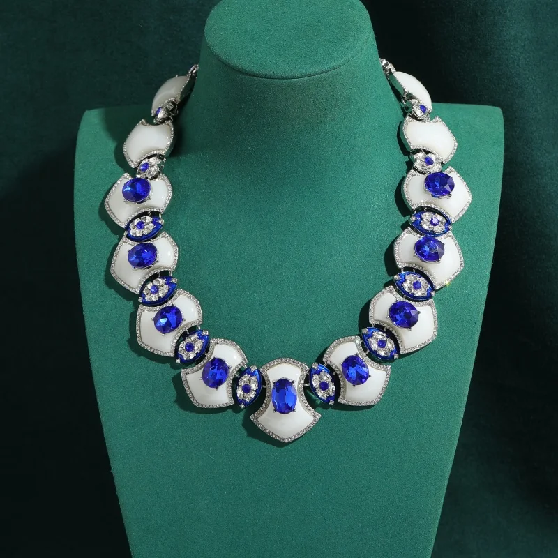 Vintage Blue Crystal White Shell Jewelry Sets Necklace Earrings Luxury Classic Elegant Silver Color Brand Trendy Gifts For Women