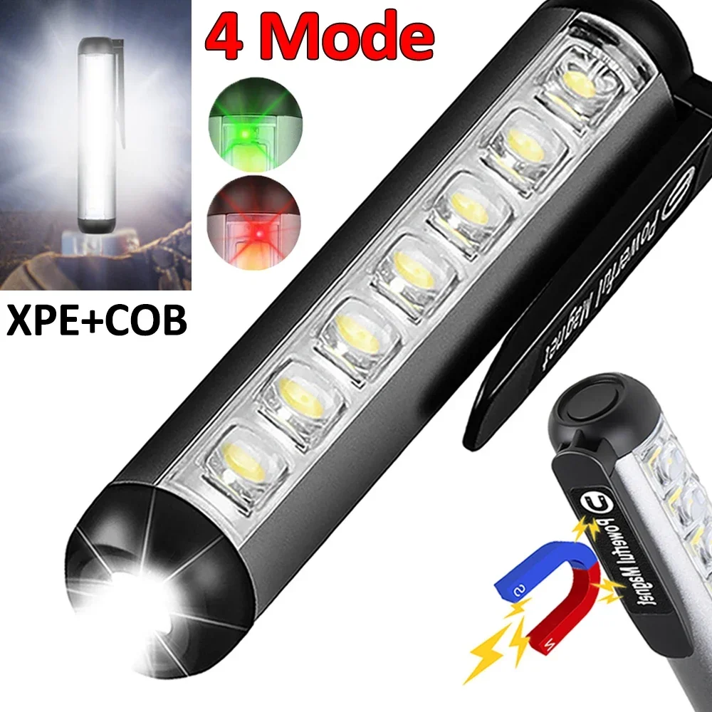 Mini LED Flashlight Magnet Work Light USB Rechargeable XPE+COB Lamp Ultra Bright Torch with Clip Waterproof Camping Flashlight