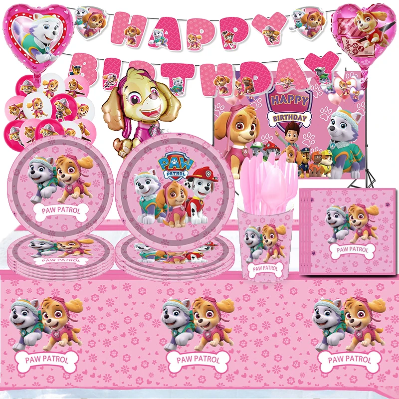 

Pink Skye Dogs Birthday Party Decorations Paw-Patrol Latex Balloons Tableware Plate Backdrop For Kids Party Supplies Cake Topper