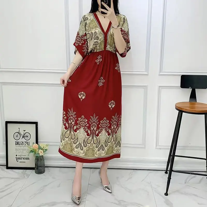 Casual Elegant Retro Bohemian National Style V-neck Elastic  Waist Large Swing Printed Summer Long Skirt Woman Dress Clothes