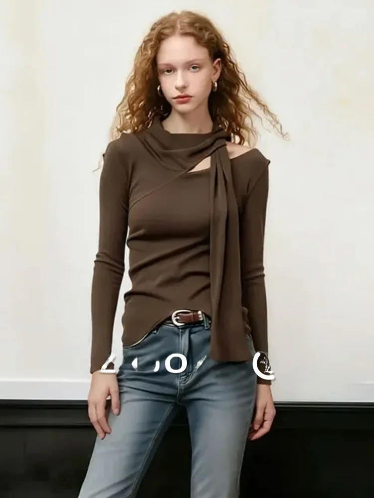 

Sexy oulder Bared Knitted Sweater with Sa Design by Zhezhi Autumn 2025 New Arrival Soft Long Sve round Ne Pure Color