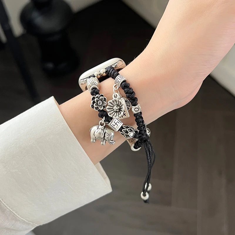 สายรัดแบบเชือกสไตล์ชนเผ่าย้อนยุคสำหรับสายคาด Apple Watch 40มม. 44มม. 41มม. 45 38 49สายรัดข้อมือเชือกถักสำหรับ iWatch 9 8 7 SE 6 5