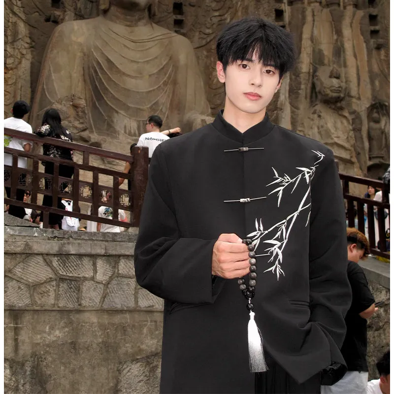 

New Chinese Style Men's Slim Fit Suit Jacket with Embroidered Bamboo Padded Shoulder Lightweight Summer Casual Outerwear