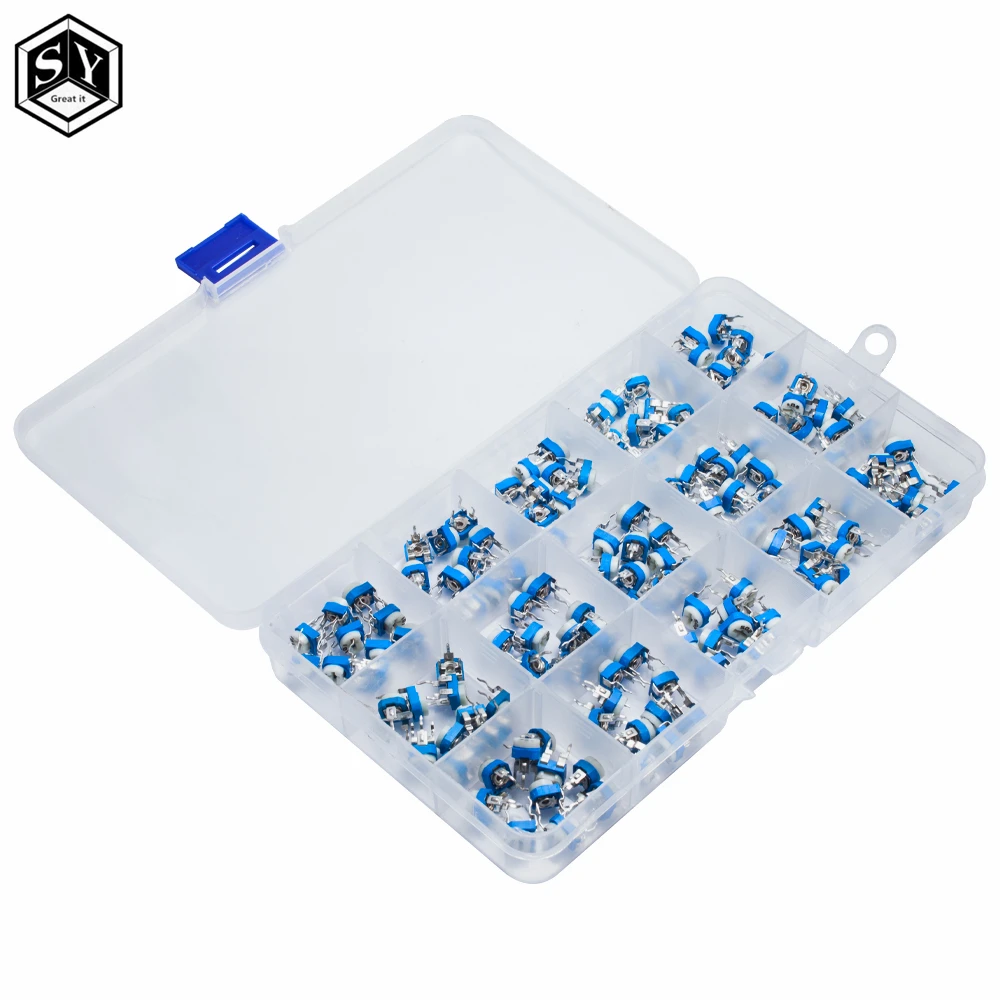 150PCS Variable Resistor Boxed RM065 Potentiometer Adjustable Resistor Kit 500k 200k 1K 100R 1M 20K 10K 500R 50K 5K 200R 30K