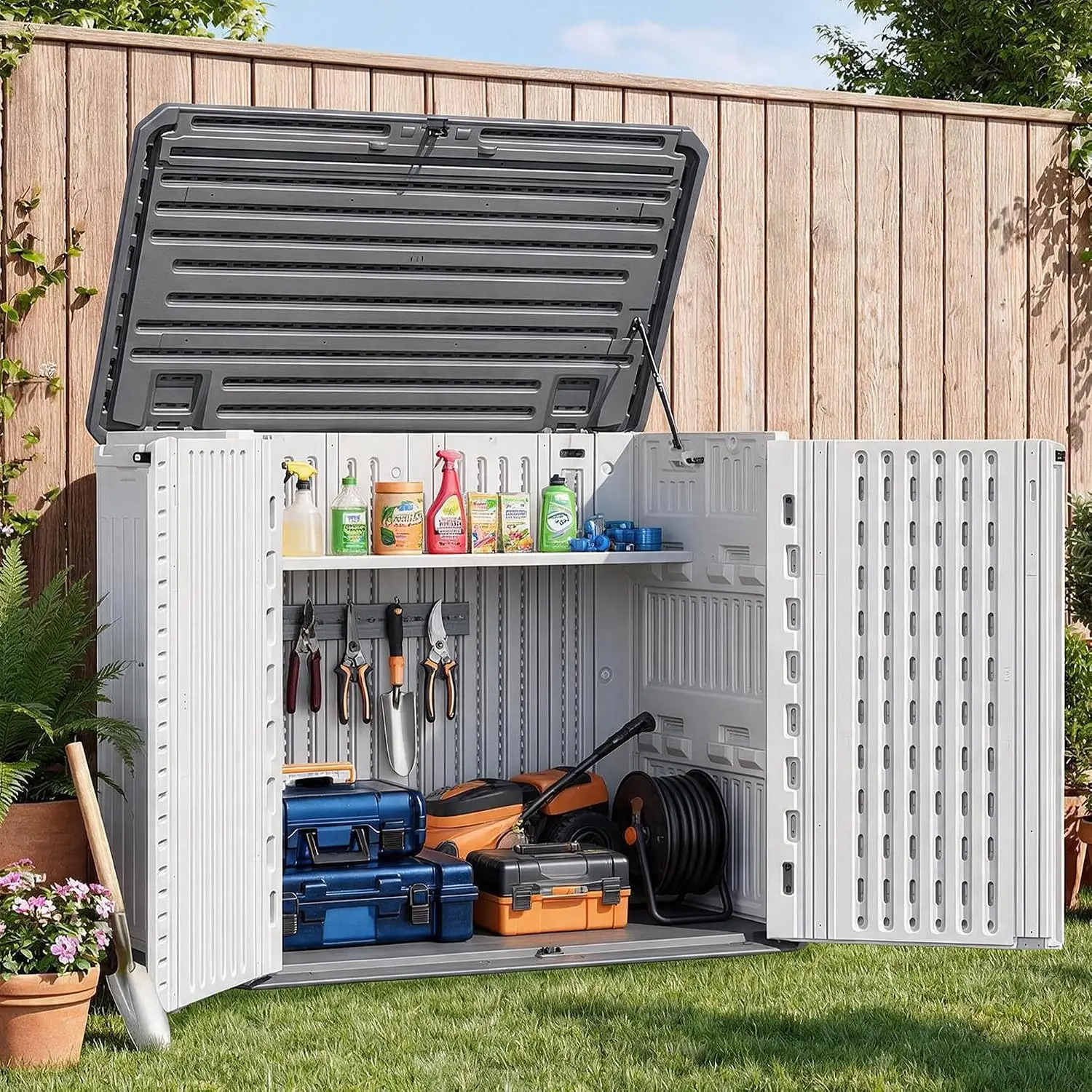 Resin Outdoor Storage Shed 34 Cu.Ft Waterproof Vertical Plastic Shed with Floor for Patio Backyard Garden Pool Tool, Customized