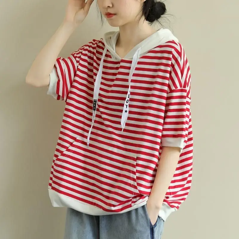 Women's T Shirt Summer Trend Striped Hooded Short Sleeve T-shirt Literature Drawstring Design Fashion Tshirt Loose Oversized Top