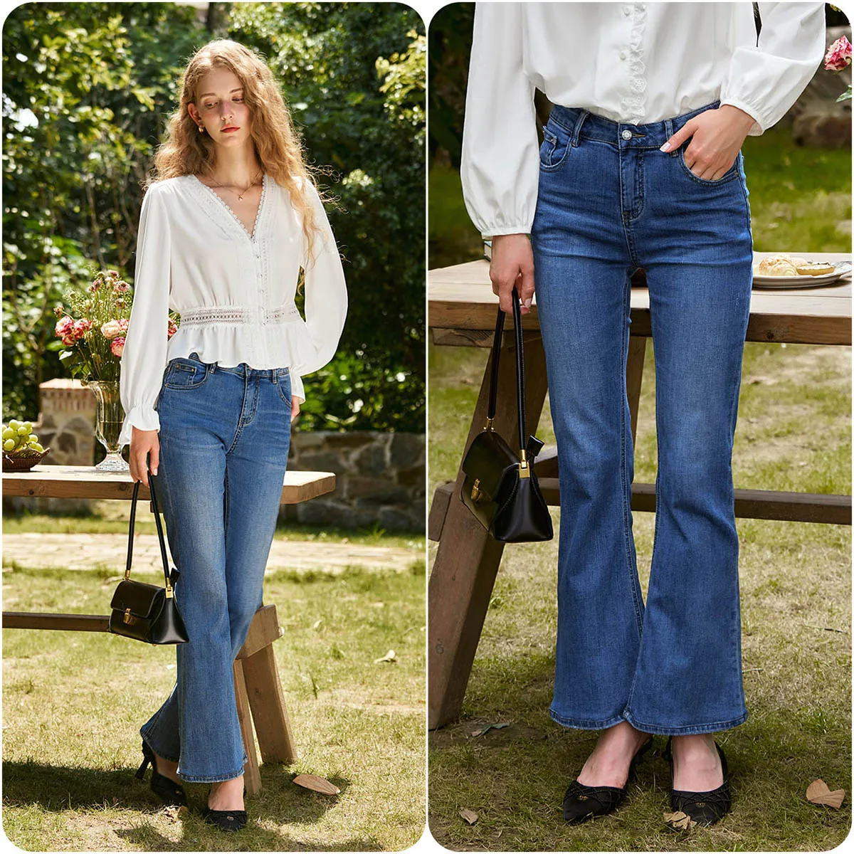 OLrain Flare Pants Women Autumn Solid Cotton Pockets High-waist Washed Denim Slim Fit Full-length Jeans for Ladies N56QA88553