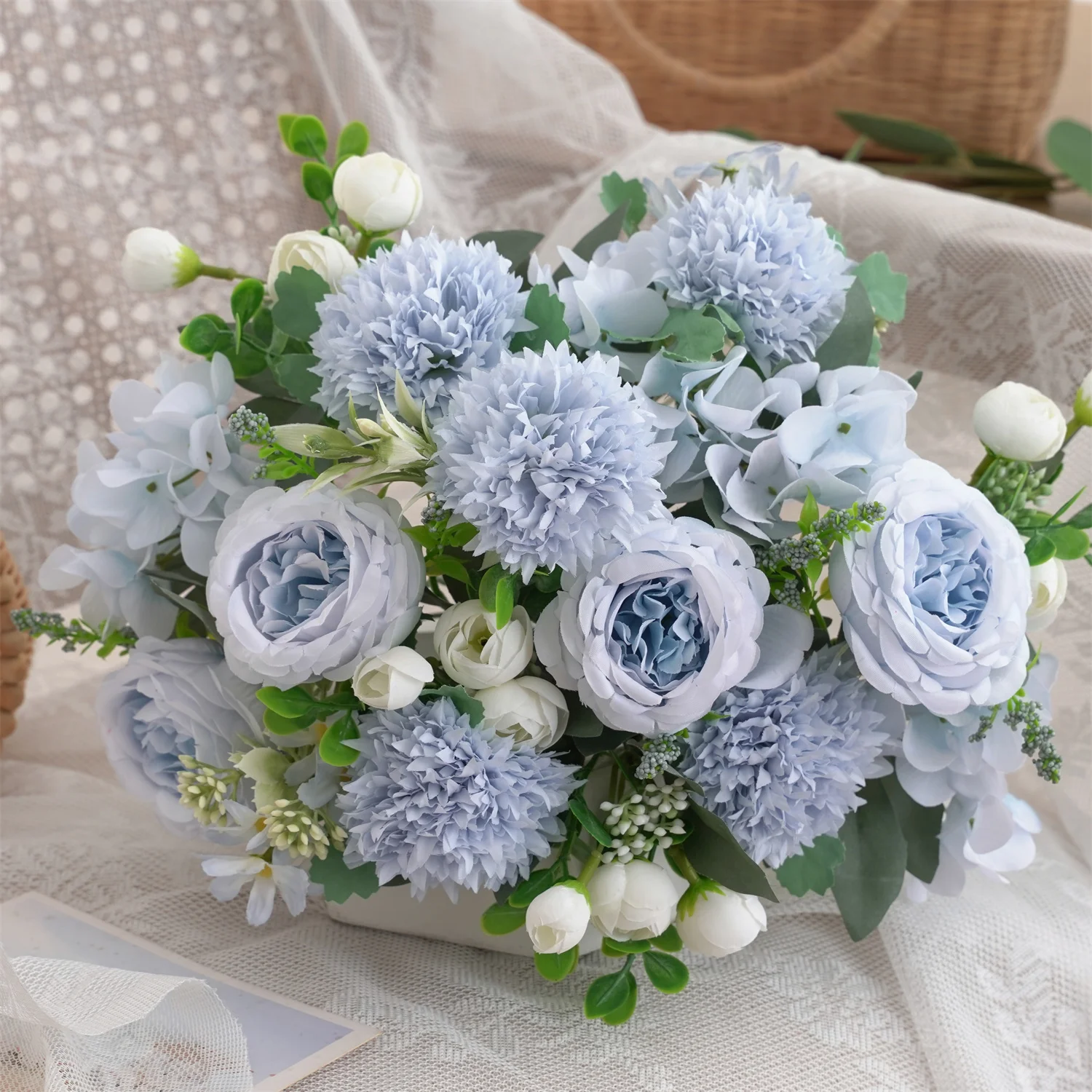 

8pcs Artificial Peony Hydrangea & Chrysanthemum Bouquet, Real Touch Faux Flowers, Bridal Hand Bouquet, Home Office Decor, Flower