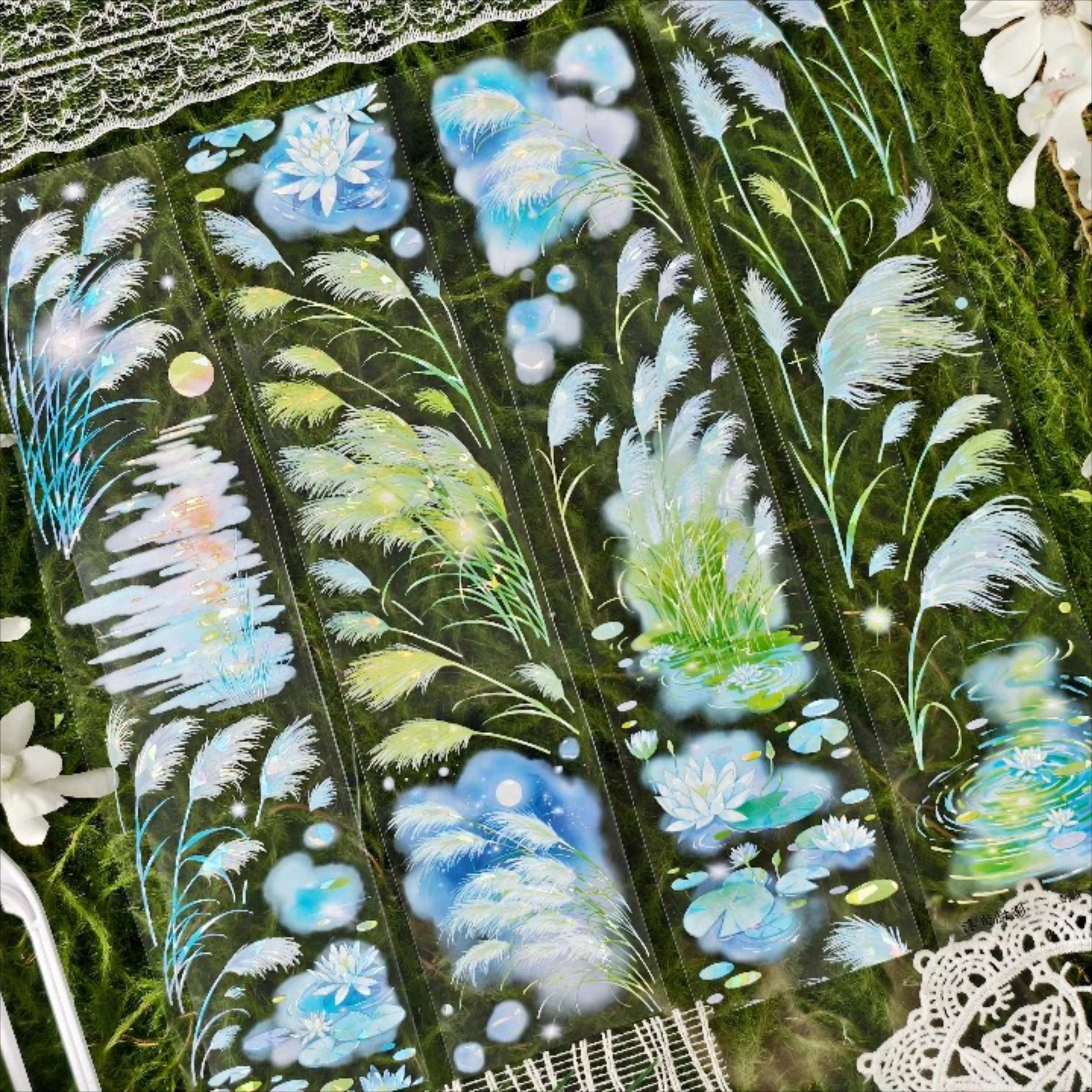 

Washi Pet Tape 1 Loop Floating Light And Shadow, PET Shell Light, Reed Bushes, Lake Water, Ripples, Morning And Evening, Blue An