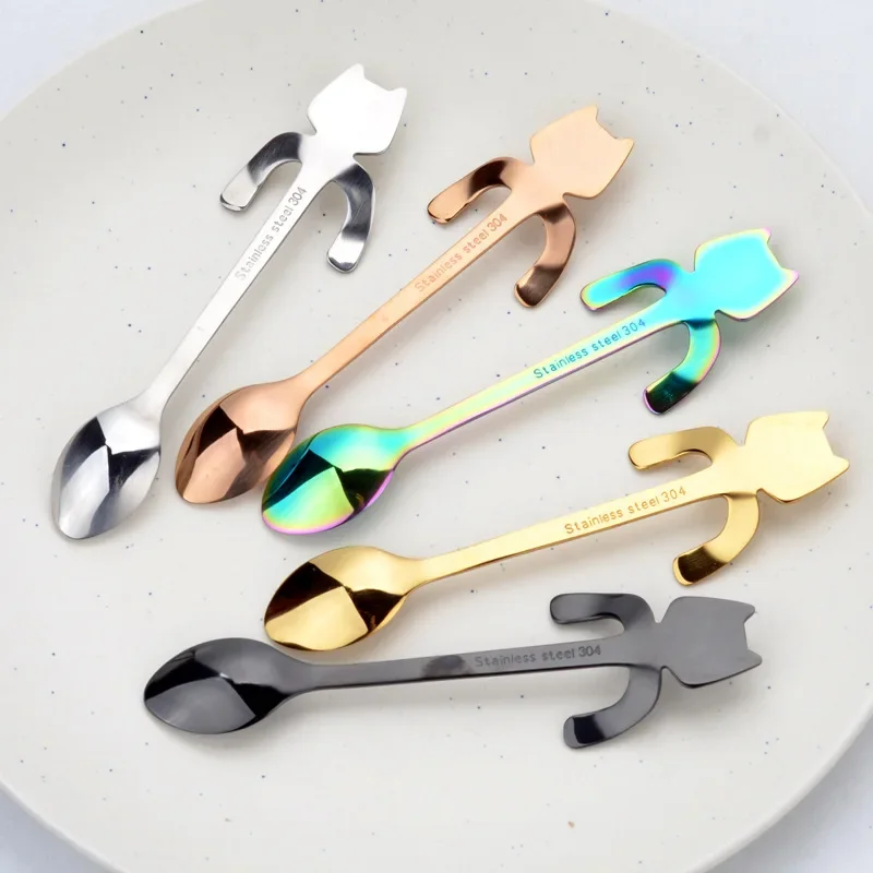 5PC Cat Spoon Coffee Tea Spoons 304 Stainless Steel Small Mini Spoon Set Gold Black Lovely Mini Scoops Kitchen Gadgets 2018