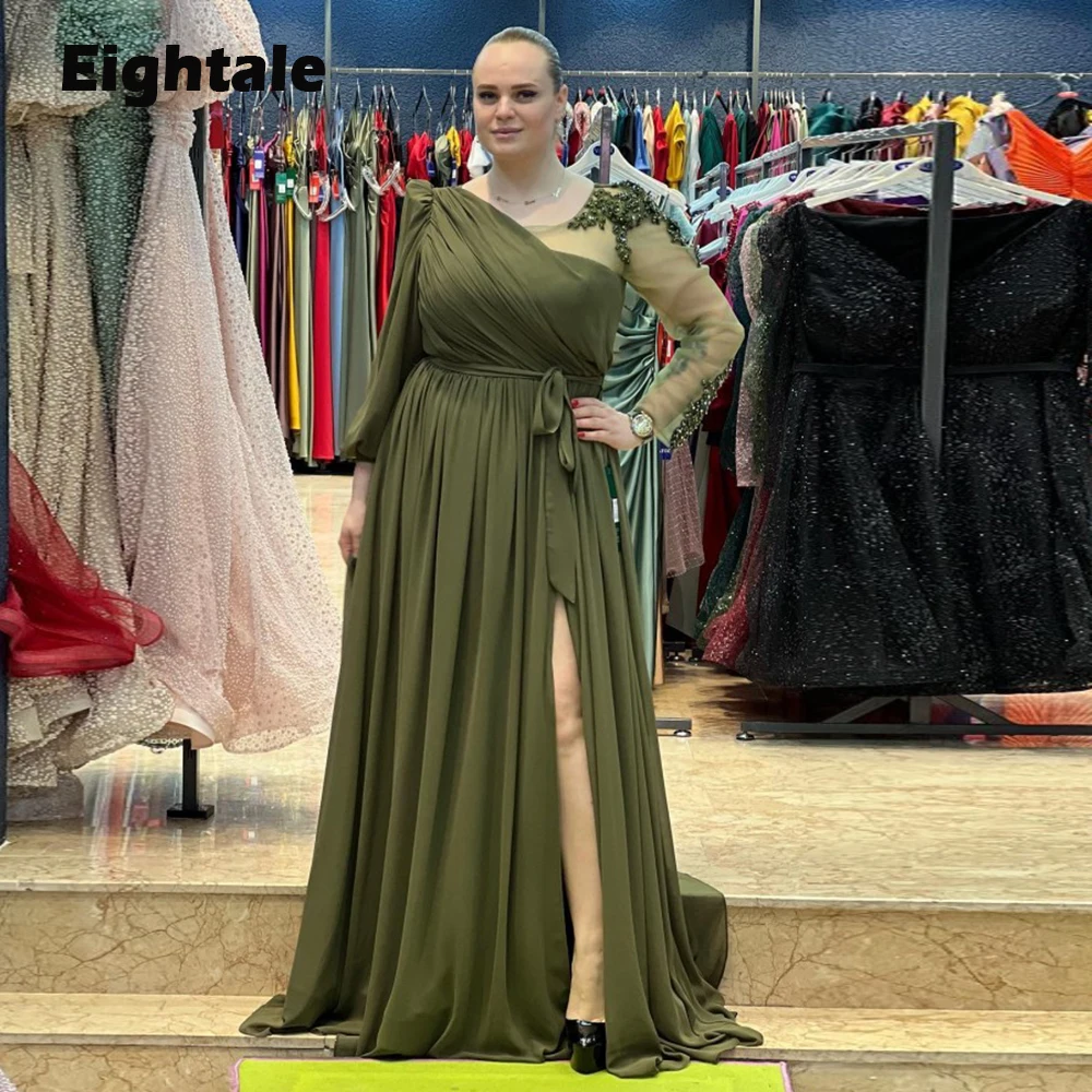 

Eightale Plus Size Evening Dresses for Wedding Long Sleeves Chiffon Side Split Beaded Pleats Formal Celebrity Prom Party Gowns