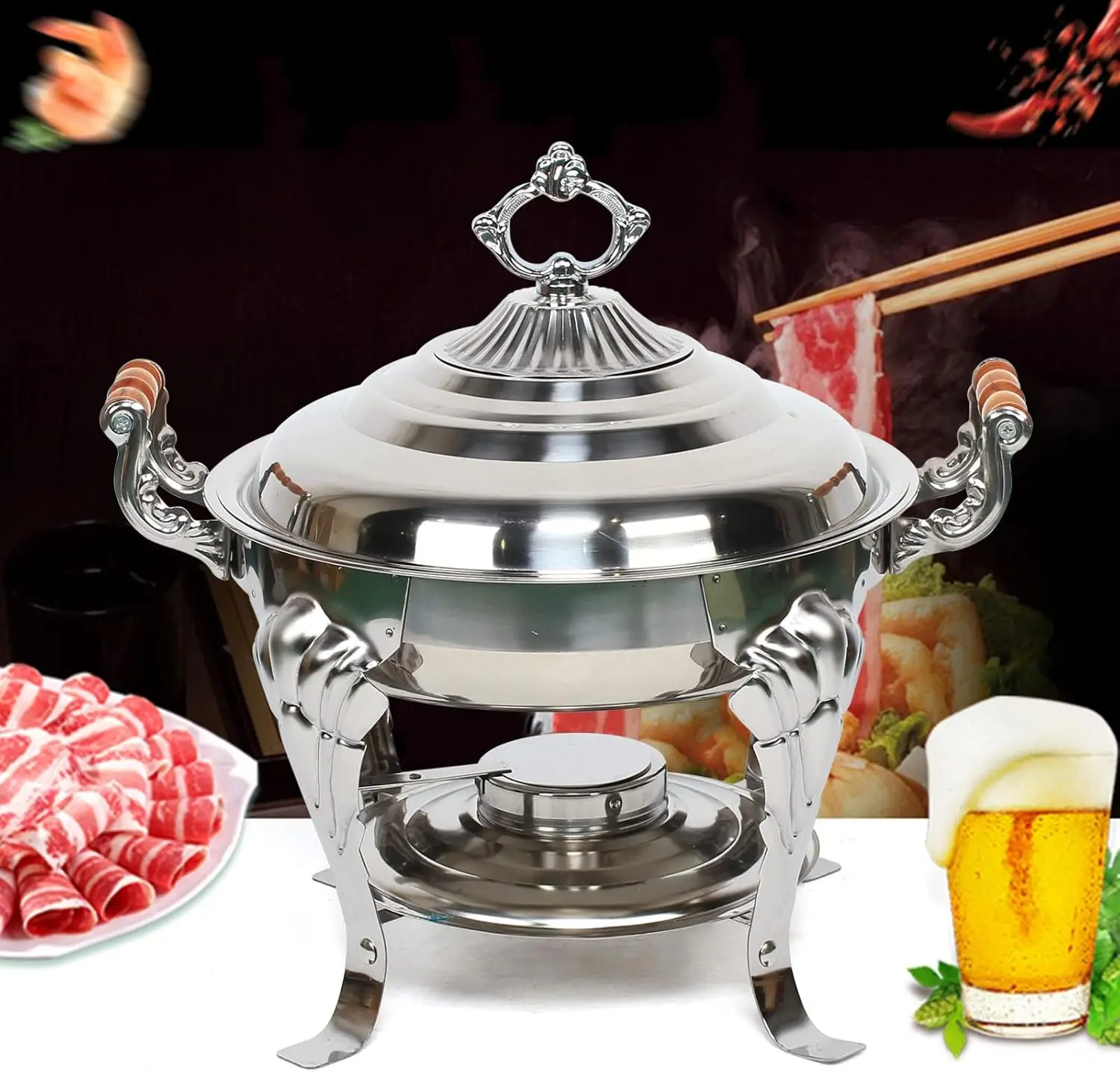 

Chafing Dish Stainless Steel Round Durable Buffet Warmer Tray with Lid and Chafing Fuel Holder for Kitchen Party Dining Buffet