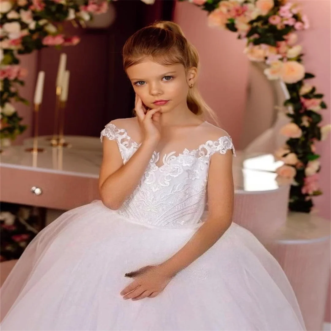 レースフラワーガールドレス 結婚式用 聖体拝領ドレス チュールロングガールドレス リボン付き ジュニアブライズメイド ベビープリンセスドレス