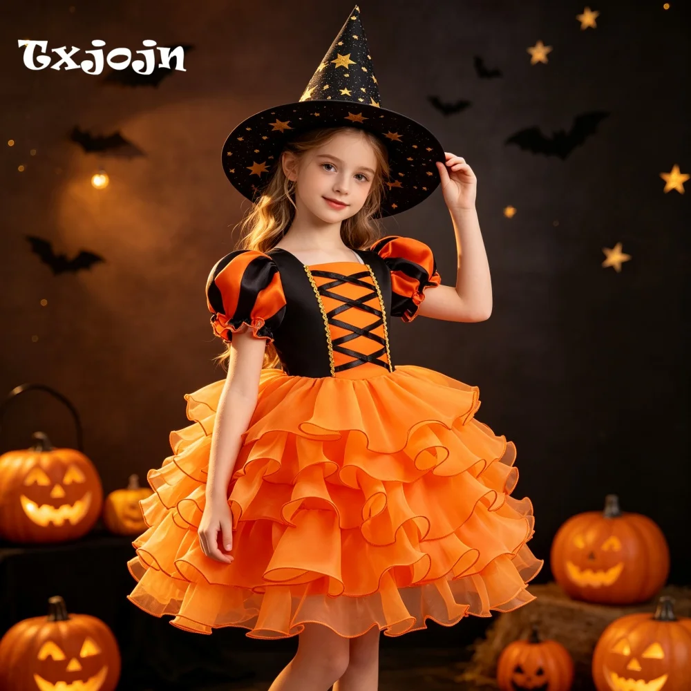 Halloween Girl's Dress with Free Hat 3-14 Years Old Girl's Tiered Fluffy Dress Puff Sleeve Ruffled Mesh Dress Performance Dress