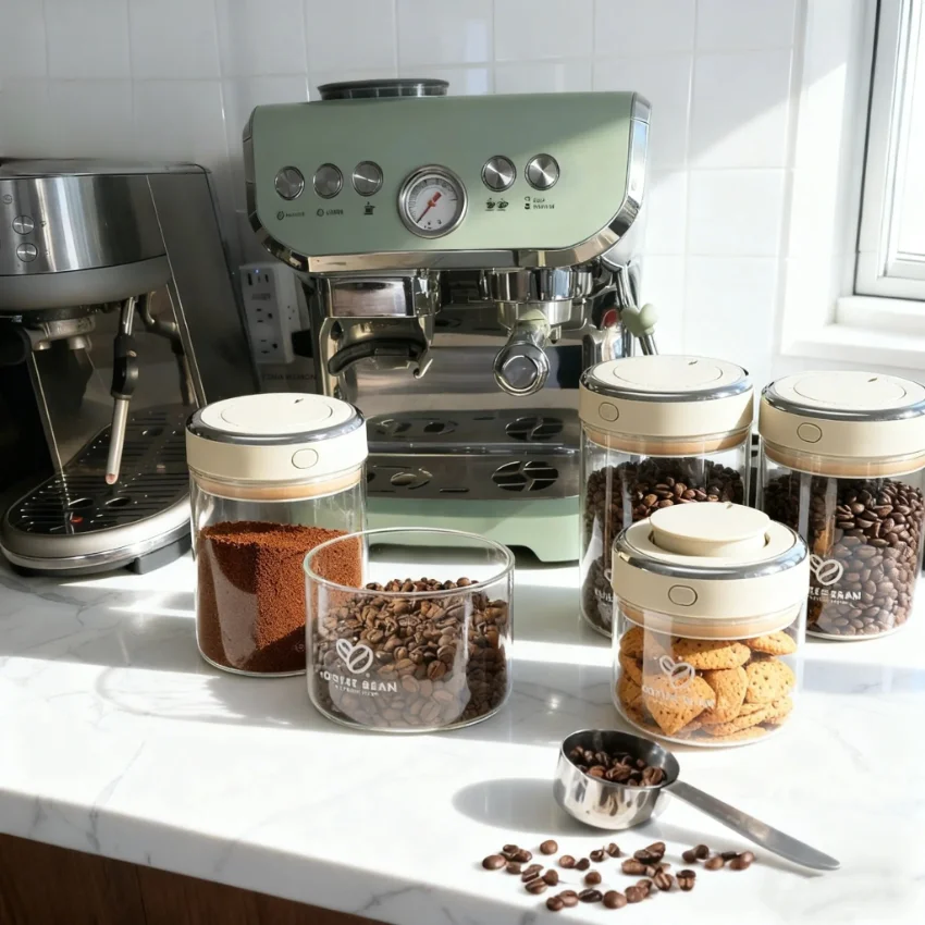

Coffee Canister Premium Glass Airtight Coffee Container with One-Way CO2 Valve and Freshness Tracker for Grain Snack