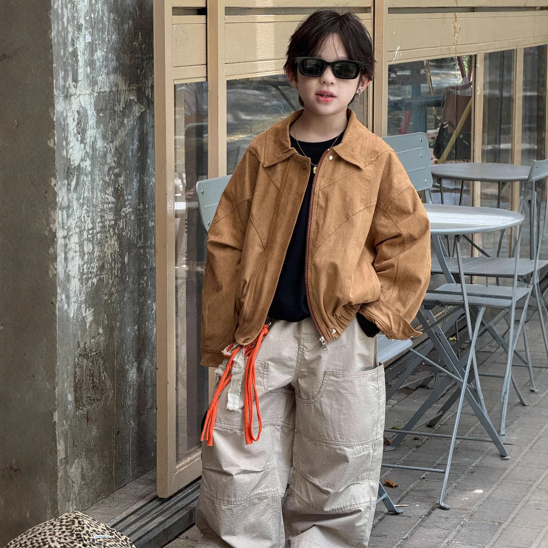 

Autumn 2025 New Children's Clothing Boys' Retro Brown Suede Short Flight Suit Jacket