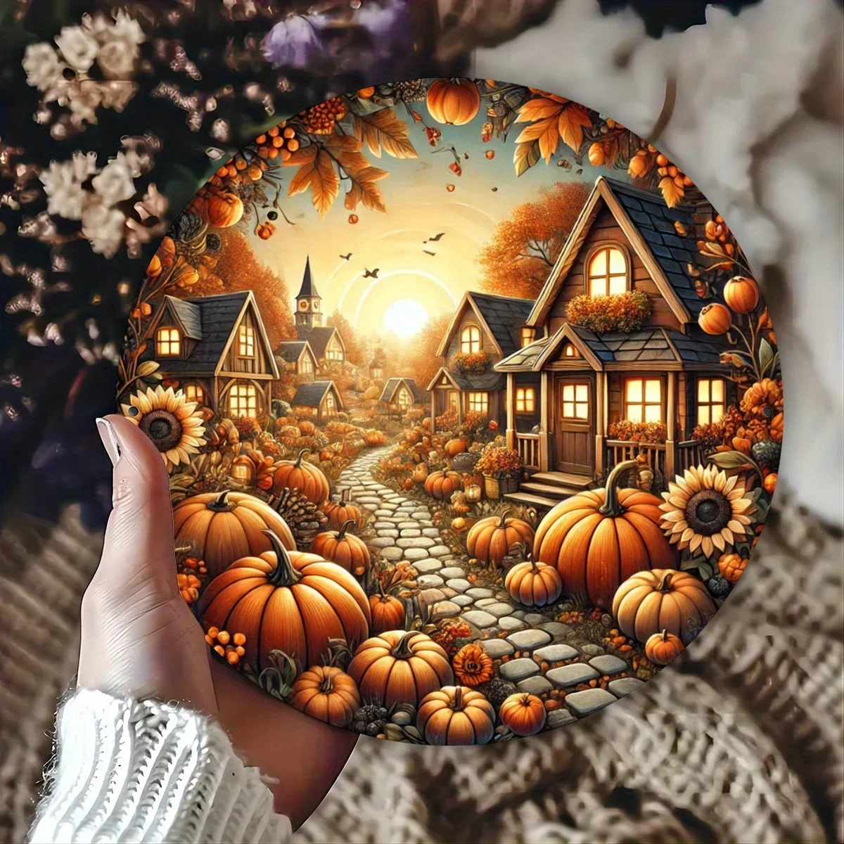 Autumn Harvest Pumpkin Wreath Metal Sign  Round Iron Wall Art, Durable Indoor/Outdoor Home Decor Plaque