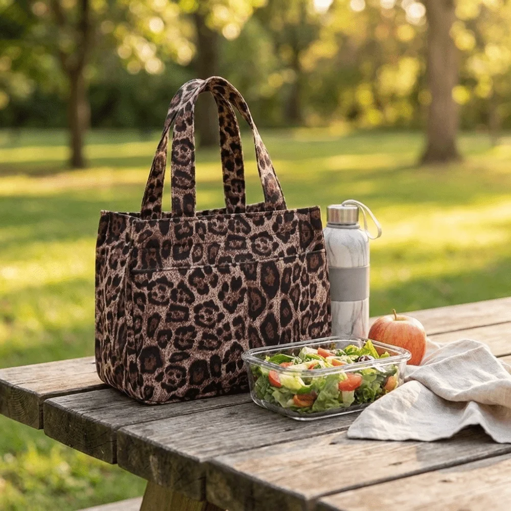 Leopard Print Leopard Print Lunch Bag Large Capacity Multi Pocket Lunch Handbag Canvas Thermal Food Carrier Bag Outdoor Travel