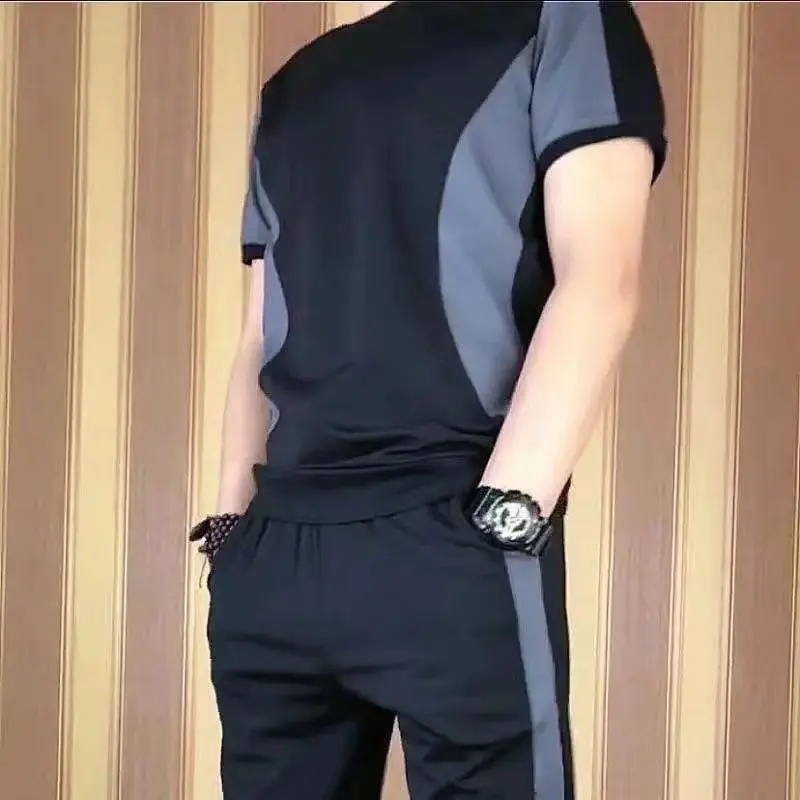 Men's Short Sleeve T-shirt and Pants Suit, Casual Sportswear, Ice Silk, Jogging, Fitness Sports Sets, Male Loose Tracksuit