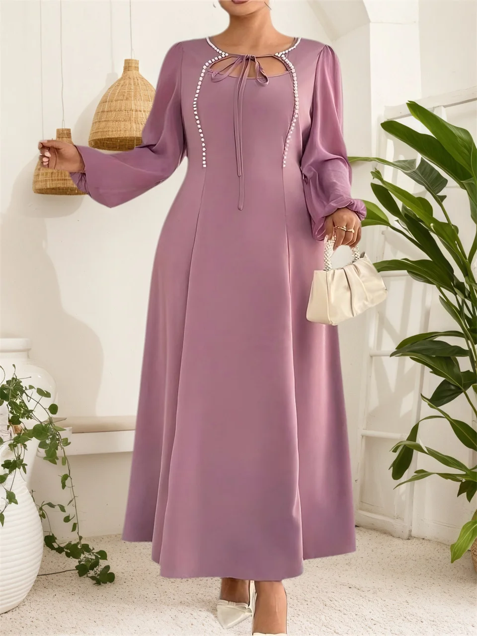 GIBSIE grande taille perle perles cravate cou robe longue élégante 2025 automne nouvelles femmes lanterne manches Vintage fête a-ligne robes