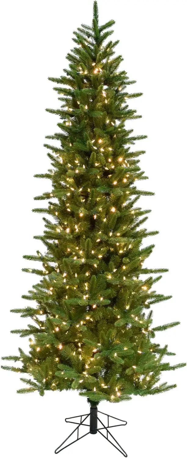 

7.5-Feet Pre-Lit Carmel Pine Slim Green Artificial Christmas Tree with Warm White LED String Lights, Realistic Foliage