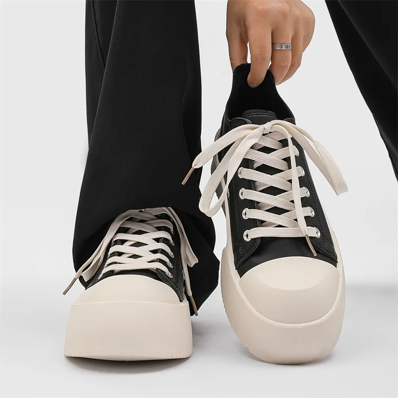 Men's Black White Derby Shoes Chunky Platform Sole Big Round Toe Breathable Leather Casual Lace-Up Sneakers Comfortable 2026 New
