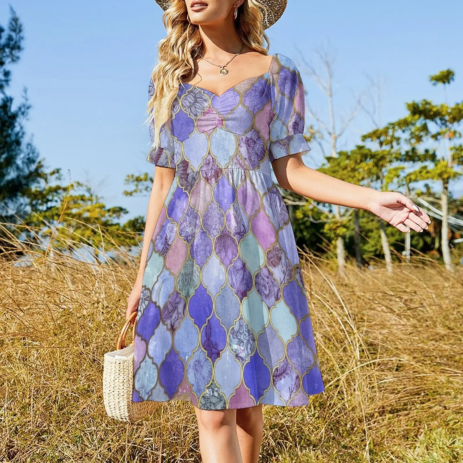 Royal Purple, Mauve & Indigo Decorative Moroccan Tile Pattern Short-Sleeved Dress dress dresses Aesthetic clothing