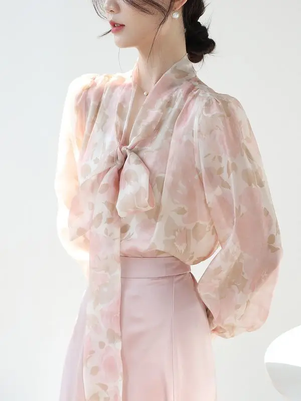 

Long Sleeve Shirts Womens Chiffon Button Down Blouses Pleated Hem Cottagecore Feminine Casual Autumn Comfortable Outdoor Daily