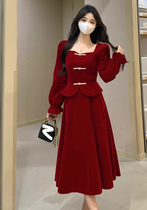 Herbst Winter Große Größe Chinesische Square Neck Langarm Kleid Hohe Taille A-linie Vielseitig Alter-reduzierung Gefälschte Zwei-stück Kleider