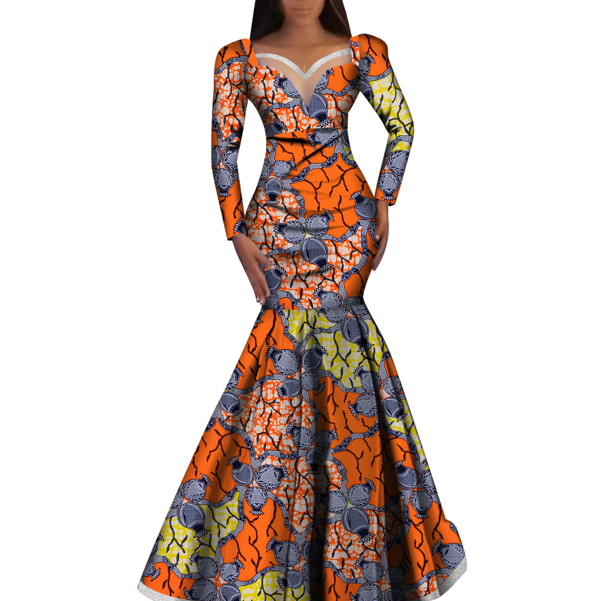 

Fashion Robe Dresses Ankara Print African Dresses for Women Long Sleeve Elegant Dashiki Wedding Pleated Skirt Dresses WY1058