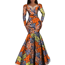 Fashion Robe Dresses Ankara Print African Dresses for Women Long Sleeve Elegant Dashiki Wedding Pleated Skirt Dresses WY1058