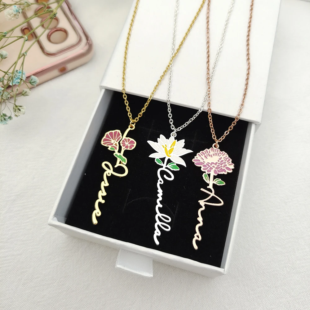 

DODOAI 2022 New Personalized Birth Flower Necklace Stainless Steel Custom Name Jewelry Colorful Name Necklace Personalized Gifts