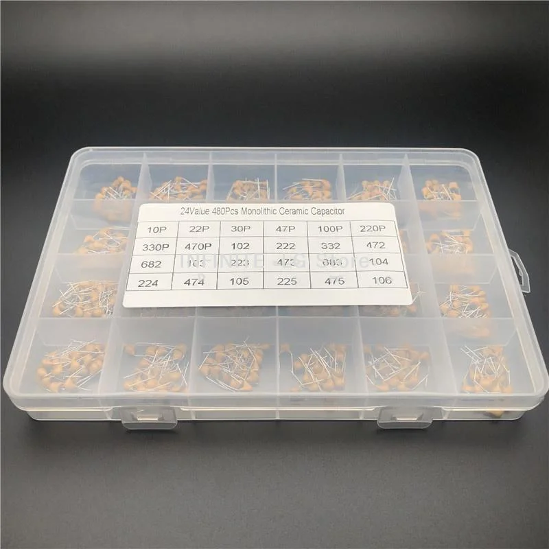480Pcs 24Values Monolithic Ceramic Capacitor Assortment Kit 10PF-10UF 50V Through Hole Capacitor Set For Electronic Circuit DIY