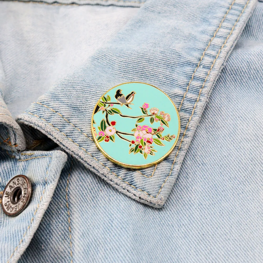 Chinese ancient style landscape flowers Blossom birds magpies in pairs graffiti good wishes happiness metal enamel brooch badge