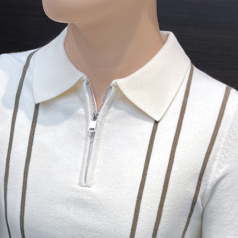 

Faionable Knitted irt для мужчин с f-молнией Long Sve Striped Autumn Winter Sle Slim Fit Base Layer irt