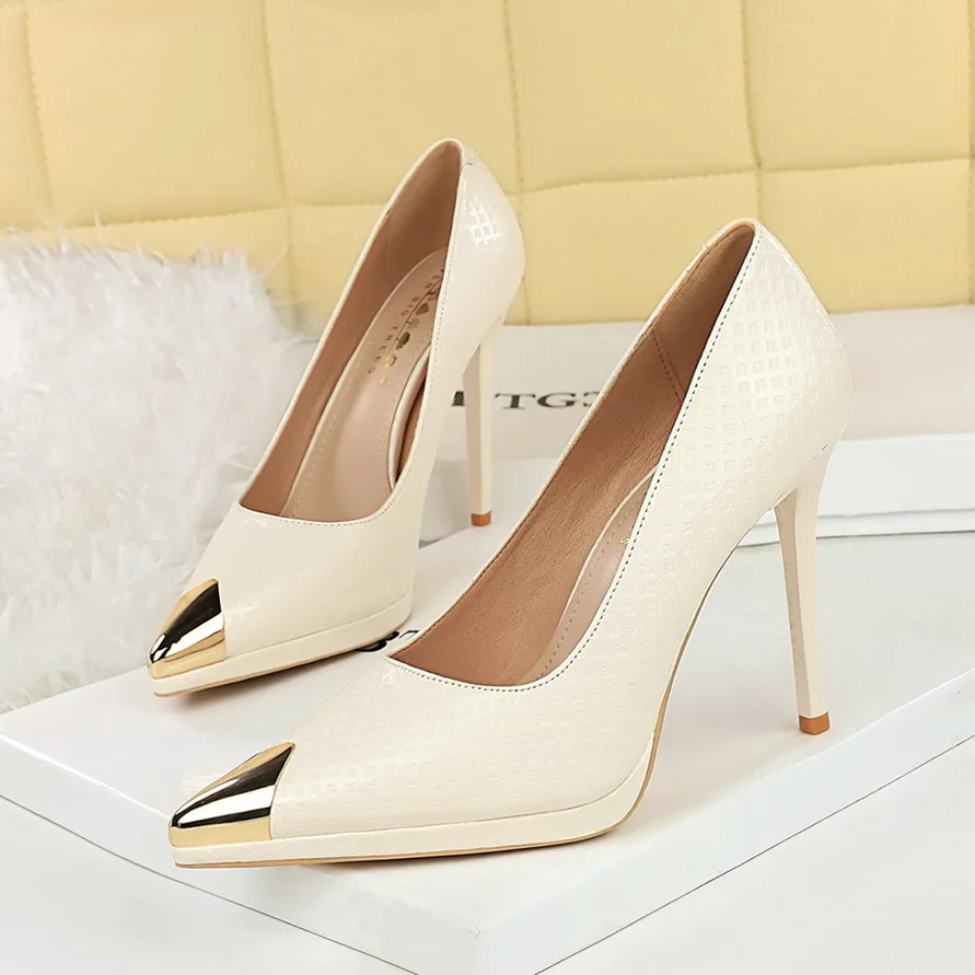 أحذية BIGTREE منقوشة من الجلد اللامع للنساء أحذية معدنية ذات طرف مدبب بكعب عالي أحذية الحفلات المثيرة بكعب 11.5 سم منصة #5