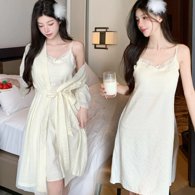 

2PCS Sexy Lace Lingerie Cotton Nightgown Robes Sets for Women 2025 Summer Short Sleeve Bathrobe Sleepwear Nightdress Night Dress