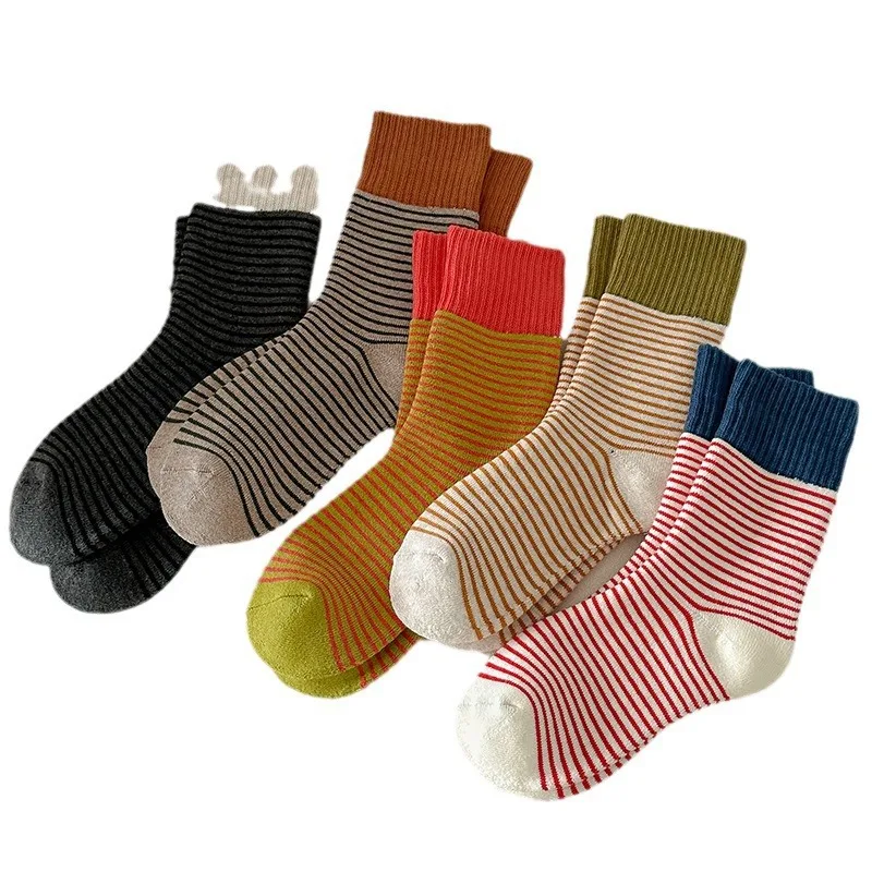 Chaussettes rayées épaisses, chaussettes tubulaires, Terry, 5 pièces